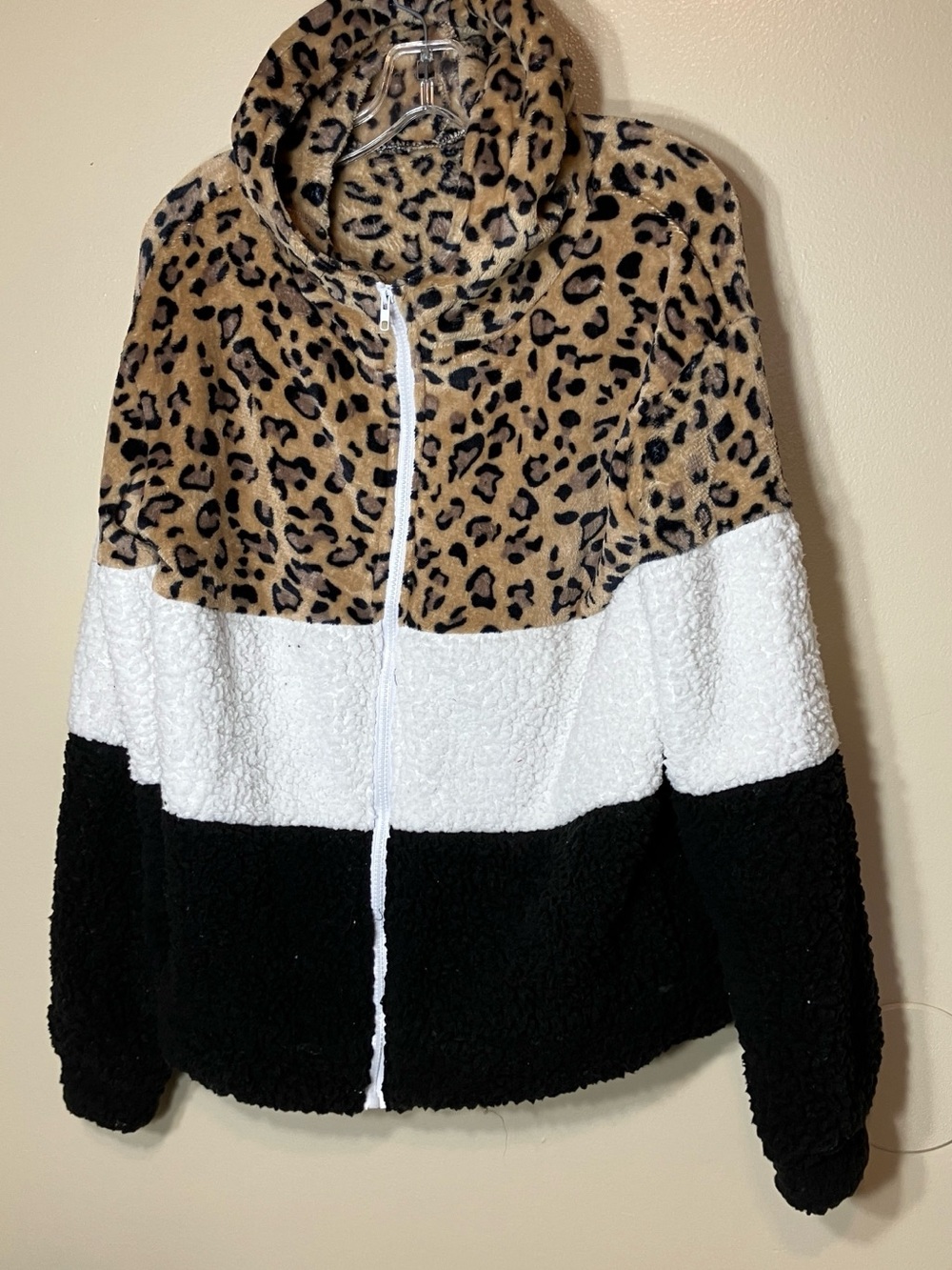 Leopard Colorblock Teddy Jacket - Brown/White/Black